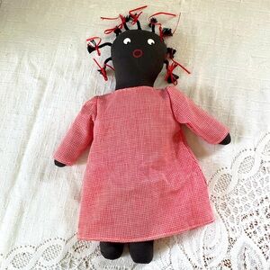 Folk art, Handmade Rag Black Doll, Braids. 12 inch